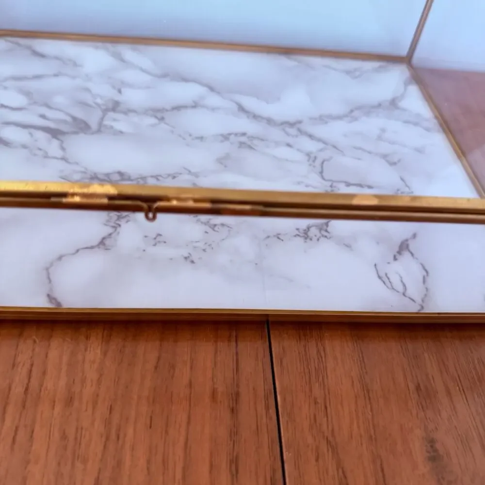 Glass Gold Display Box Lidded Faux Marble Chain Latch Trinket Jewelry 12 x 8
